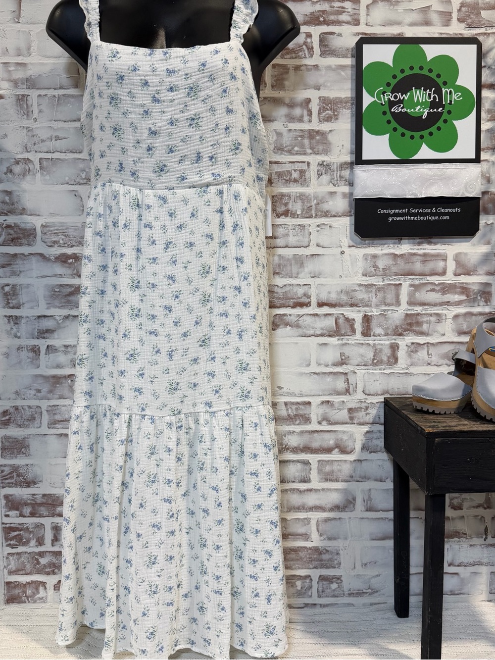 ARULA White Maxi Dress with Light Blue Floral Print